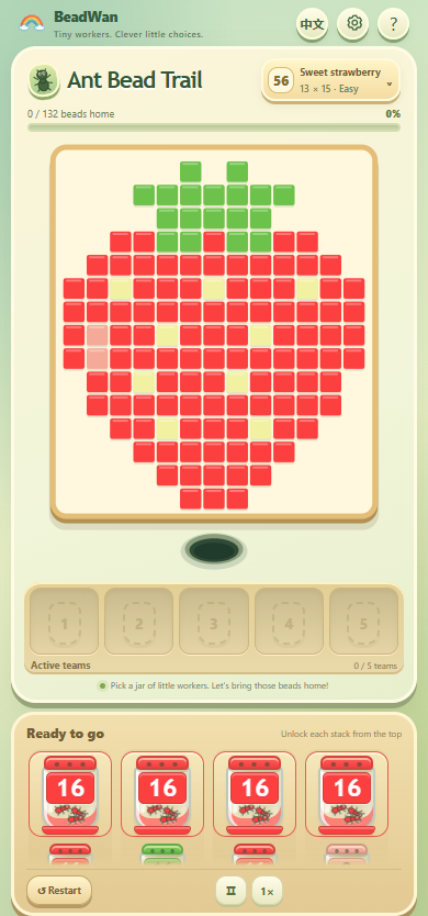 Ant Bead Trail with a strawberry pixel picture, five team slots, one shared hole and four waiting queues